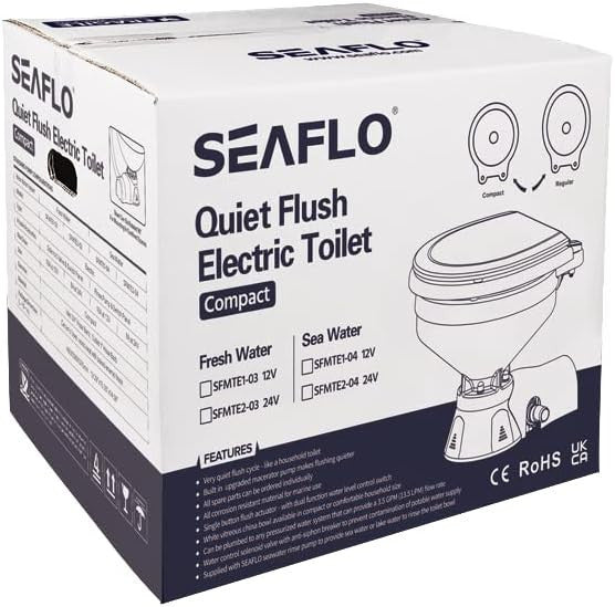SEAFLO Quiet Flush Electric Marine Toilet - 12V, Ceramic Bowl, Soft Close Seat, Macerator Pump, 3-Way Switch Panel, Boat Yacht Toilet, (Choose raw water/fresh water options)