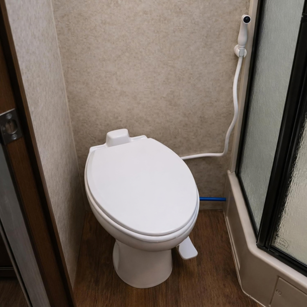 SEAFLO Porcelain RV Toilet with Sprayer Attachment - Elongated Bowl 19” Inch Residential Height, Gravity Flush, Foot Pedal Soft Close Seat Camper Motorhome Easy Install