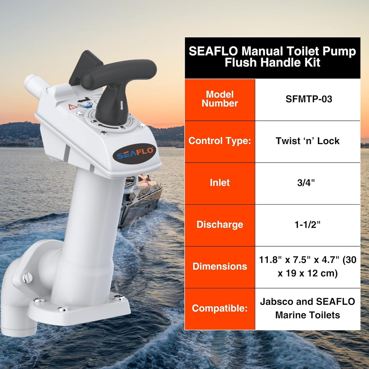 SEAFLO Manual Toilet Pump Flush Handle Kit - Compatible with SEAFLO and JABSCO Marine Toilets - Twist 'n' Lock Safety Pump Assembly for Marine Toilets