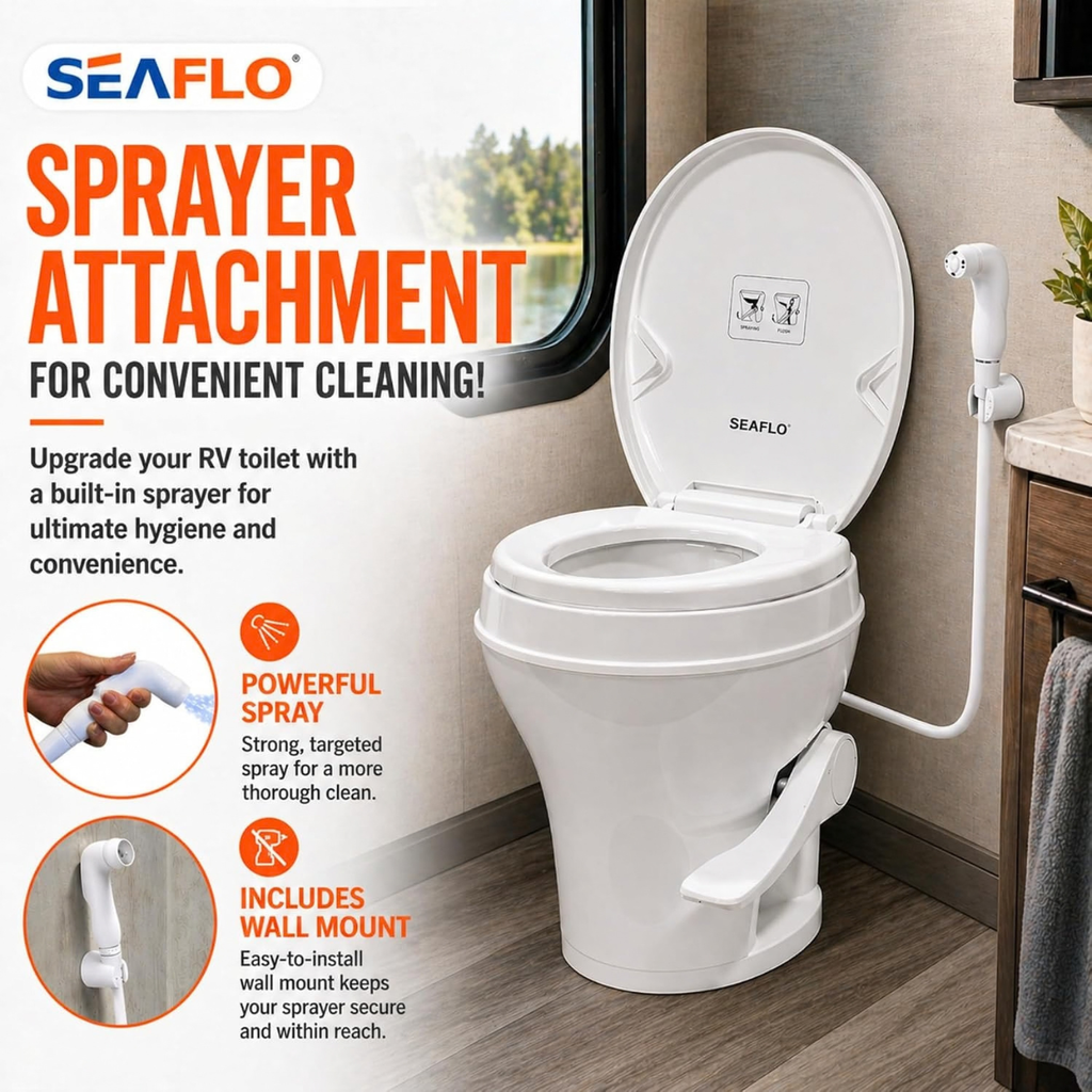 SEAFLO Residential-Height Gravity-Flush Soft-Close RV Toilet with Sprayer Attachment
