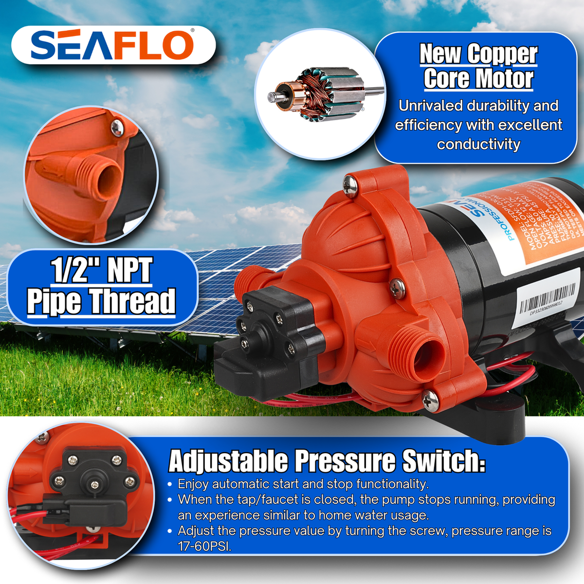 SEAFLO 33-Series Diaphragm Water Pressure Pump - 3.0 GPM | 45 PSI (Choose 12V or 24V)