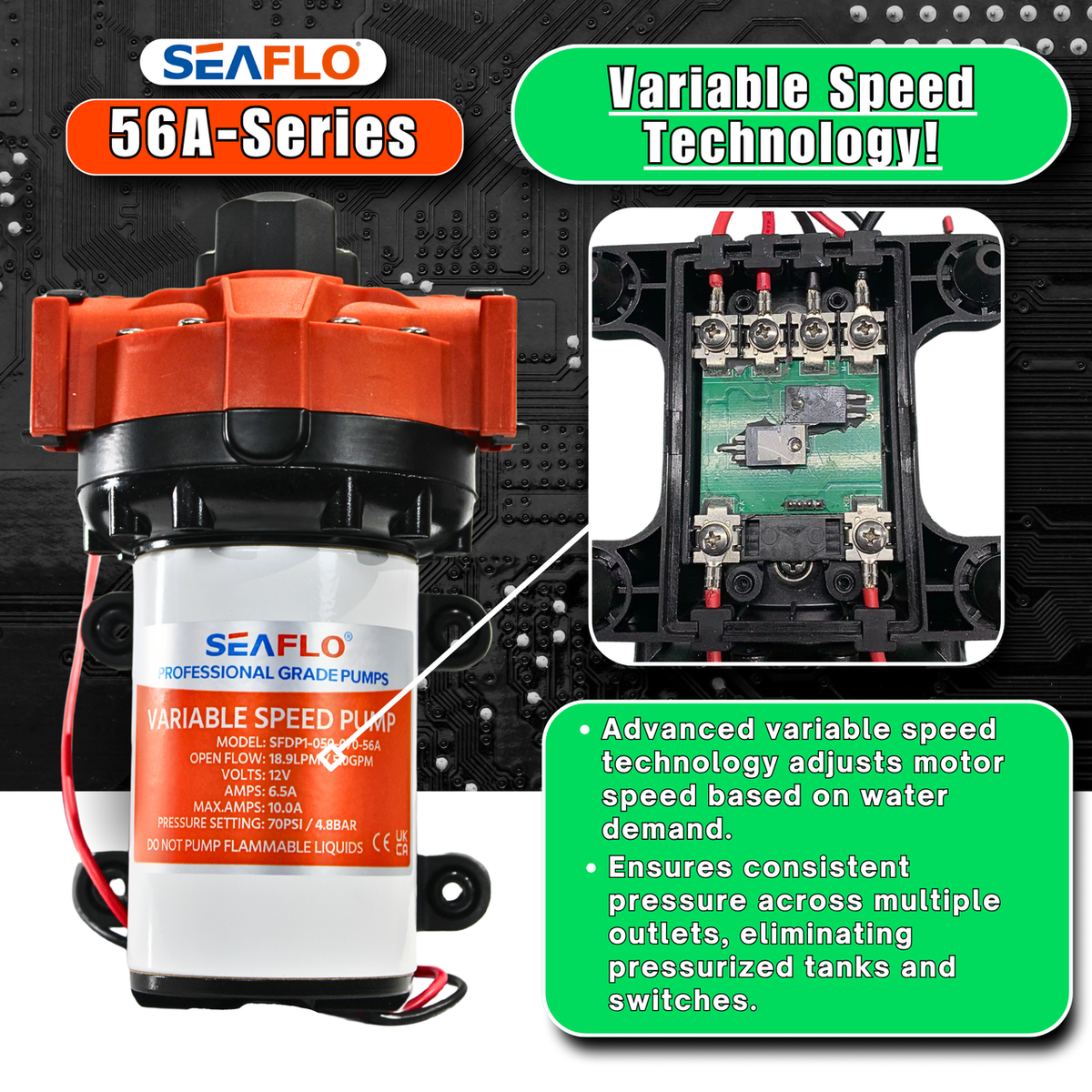 SEAFLO 56A-Series Variable Speed Smart On-Demand Marine/RV 5-Chamber Diaphragm Water Pressure Pump (5.0 GPM | 70 PSI) (Choose 12V or 24V)
