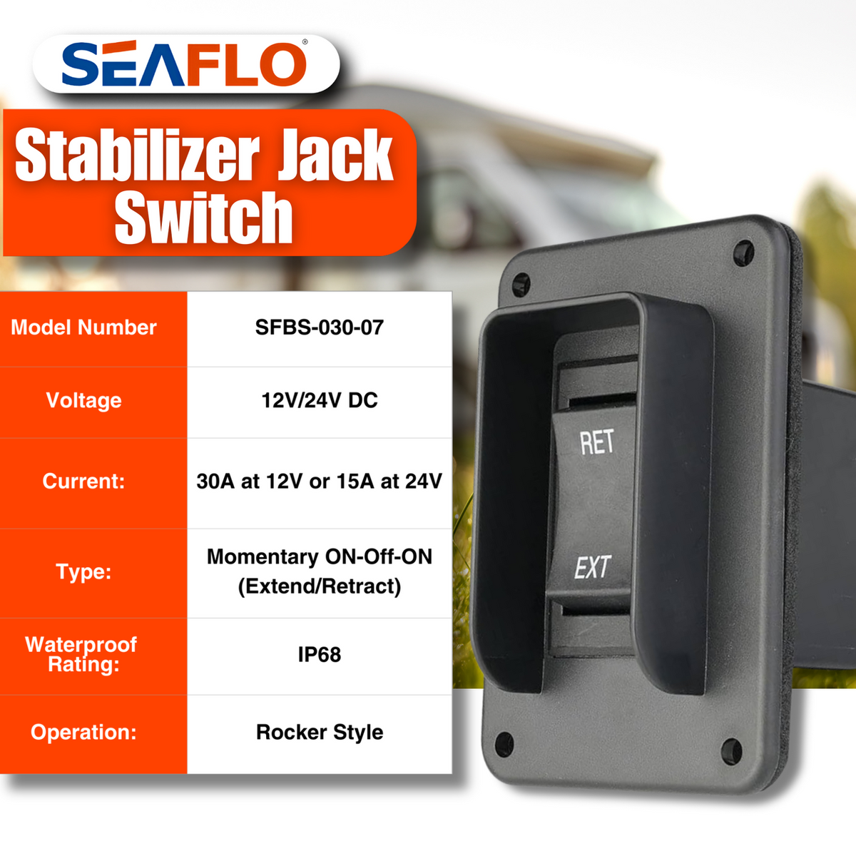 SEAFLO Stabilizer Jack Switch Power Rocker Switch, MAX 30 Amps, 12V/24V, Extend-Retract, 4 Pin Wire Harness, Momentary Reversing Polarity, IP68-Waterproof for RV Boat Truck, 4 Year Warranty