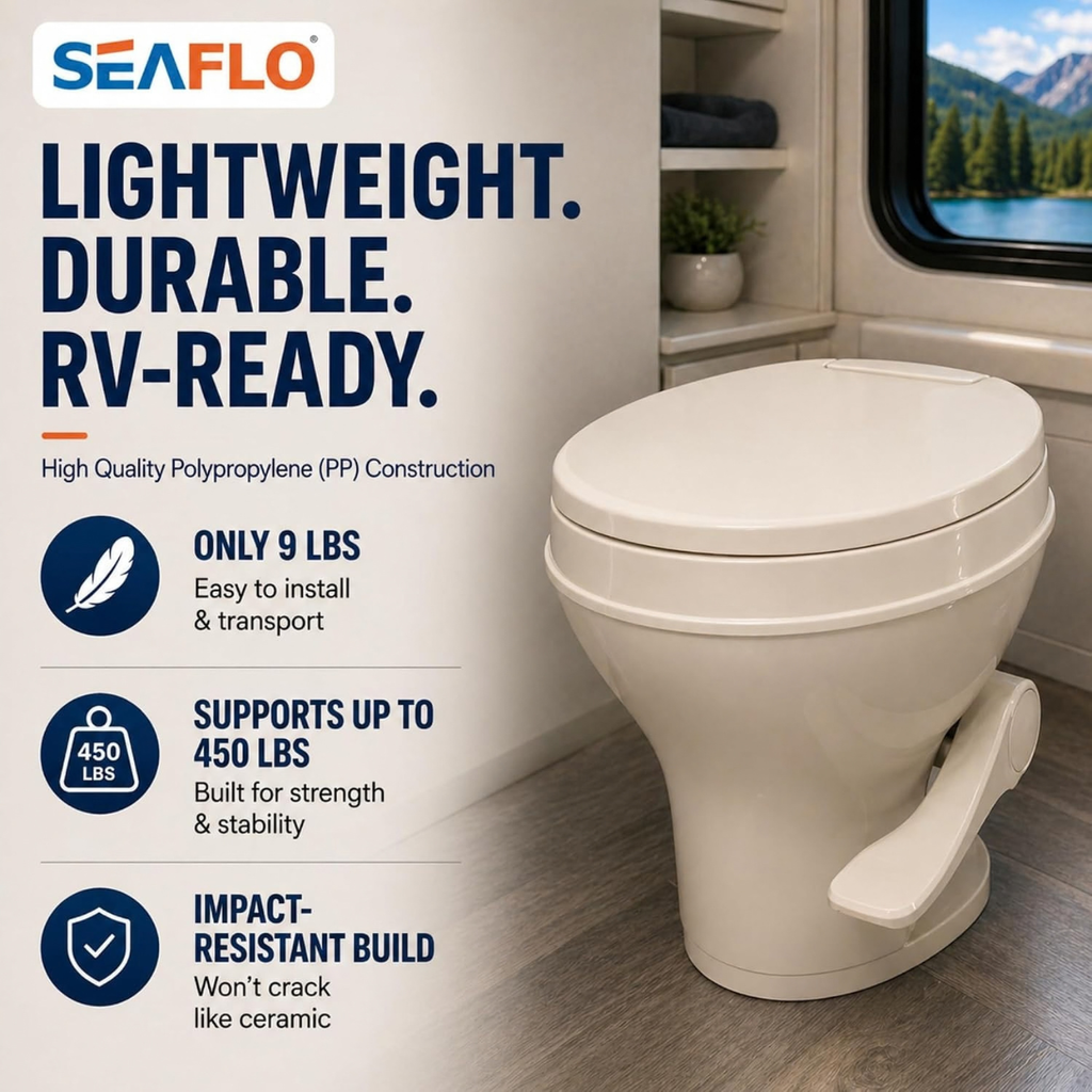 SEAFLO RV Toilet - Standard Height, Gravity Flush, Foot Pedal, Soft Close Lid (Bone Color)