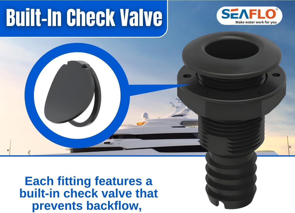 SEAFLO Thru Hulls Fitting Thru-Hull with Check Valve, 5/8”, 3/4”, 1”, 1-1/8”, 1-1/4”, 1-1/2”, or 2” Sizes, White/Black, Polypropylene/Nylon, 4-Year Warranty, (Choose Color, Size, and Pack Size)