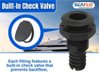 SEAFLO Thru Hulls Fitting Thru-Hull with Check Valve, 5/8”, 3/4”, 1”, 1-1/8”, 1-1/4”, 1-1/2”, or 2” Sizes, White/Black, Polypropylene/Nylon, 4-Year Warranty, (Choose Color, Size, and Pack Size)