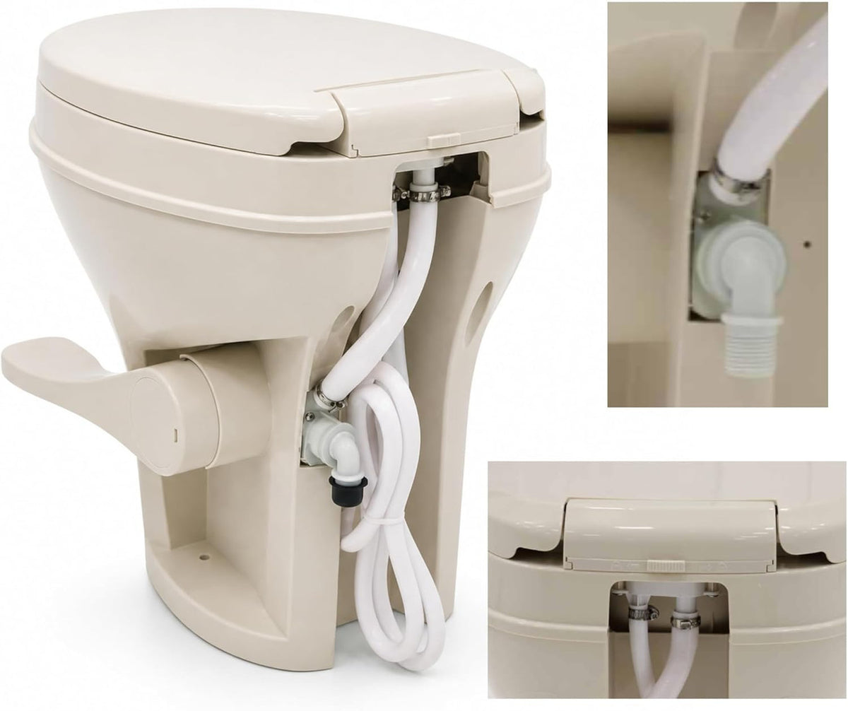 SEAFLO Residential Height Bone Camper/RV Toilet with Sprayer Attachment, 18.5” Standard Height, Gravity Flush System, Pedal Operation, Soft Close Seat, 4-Year Warranty (Bone W/Sprayer Attachment)
