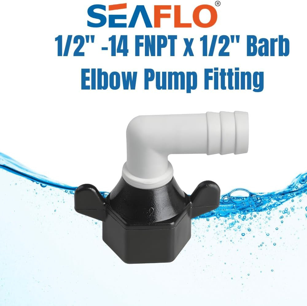 SEAFLO - (NO: 51F03) - 1/2"-14 FNPT x 1/2" Barb Angled Universal Pump Fittings for SHURFLO, SEAFLO, Circle River, Johnson, Jabsco, FLOJET, REMCO, Lippert, USA ADVENTURE and other Pumps (Choose Pack Size)