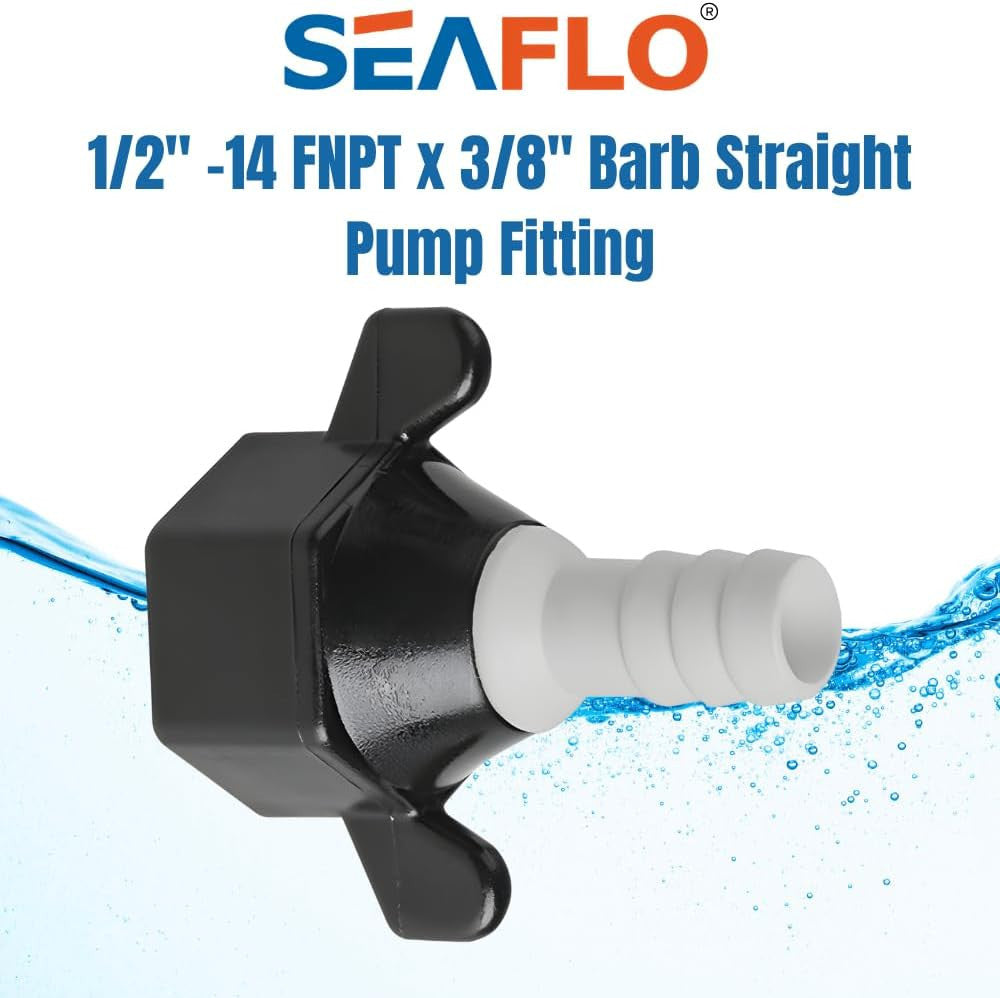 SEAFLO - (NO:51F02) - 1/2"-14 FNPT x 3/8" Barb Straight Pump Fitting for SHURFLO, SEAFLO, Circle River, Johnson, Jabsco, FLOJET, REMCO, Lippert, USA ADVENTURE and other Pumps (Choose Pack Size)