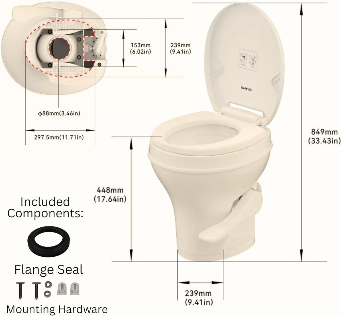 SEAFLO Residential Height Bone Camper/RV Toilet with Sprayer Attachment, 18.5” Standard Height, Gravity Flush System, Pedal Operation, Soft Close Seat, 4-Year Warranty (Bone W/Sprayer Attachment)