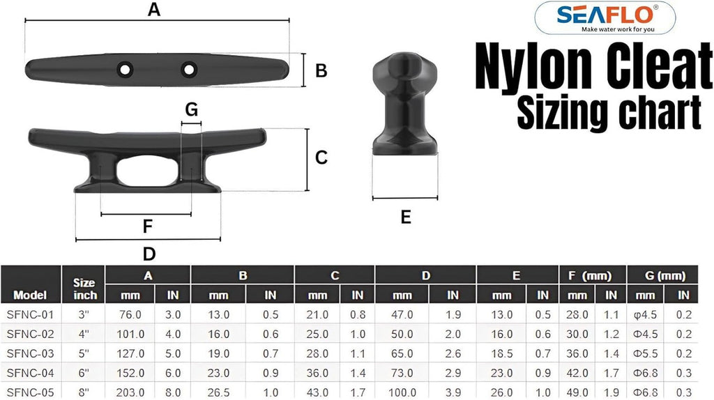 SEAFLO Boat Cleat Black Nylon Dock Cleat Kayak Cleat, 3", 4", 5", 6", 8" (Choose Size and Qty)