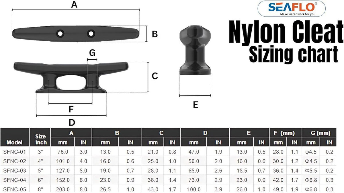 SEAFLO Boat Cleat Black Nylon Dock Cleat Kayak Cleat, 3", 4", 5", 6", 8" (Choose Size and Qty)