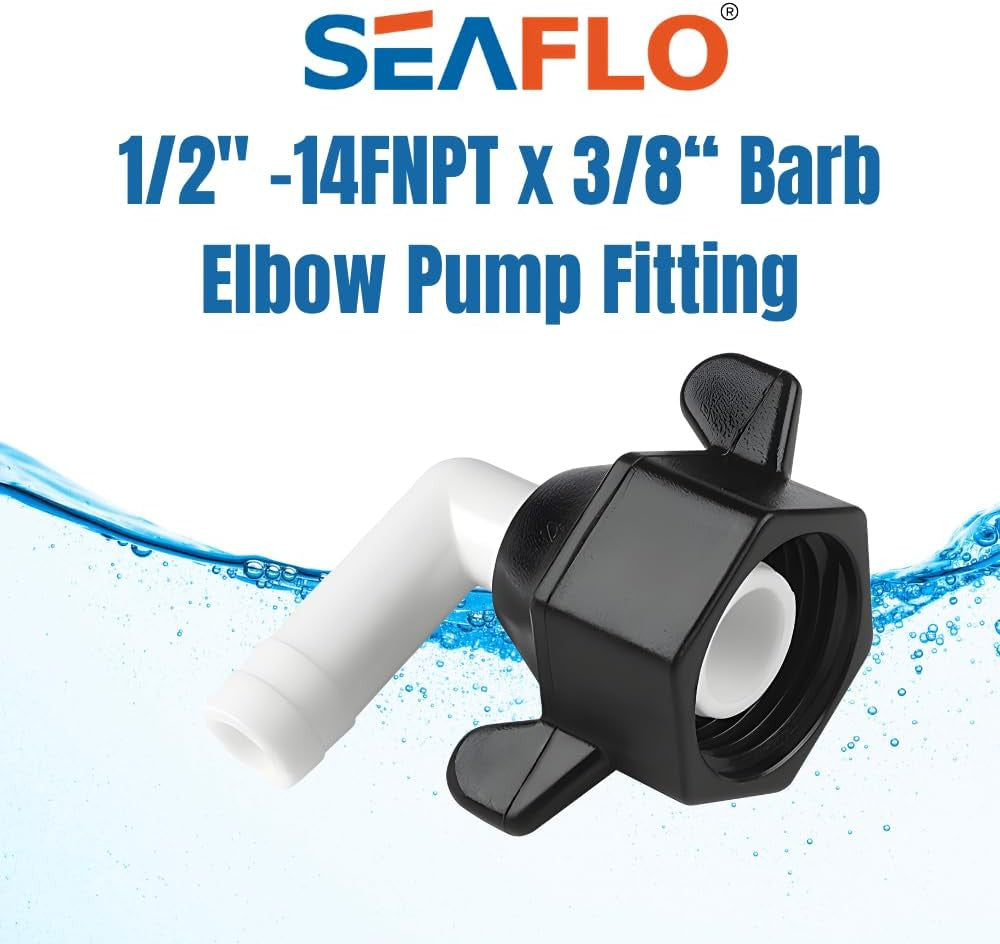 SEAFLO - (NO: 51F05) - 1/2"-14 FNPT x 3/8" Barbed Angled Universal Pump Fitting for SHURFLO, SEAFLO, Circle River, Johnson, Jabsco, FLOJET, REMCO, Lippert, USA ADVENTURE and other Pumps (Choose Pack Size)