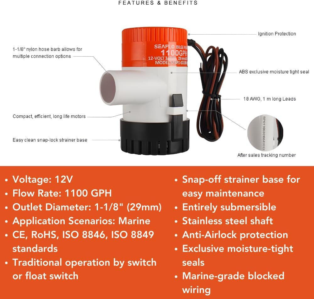 SEAFLO 15-Series Bilge Pump and Float Switch (12V | 1100GPH)