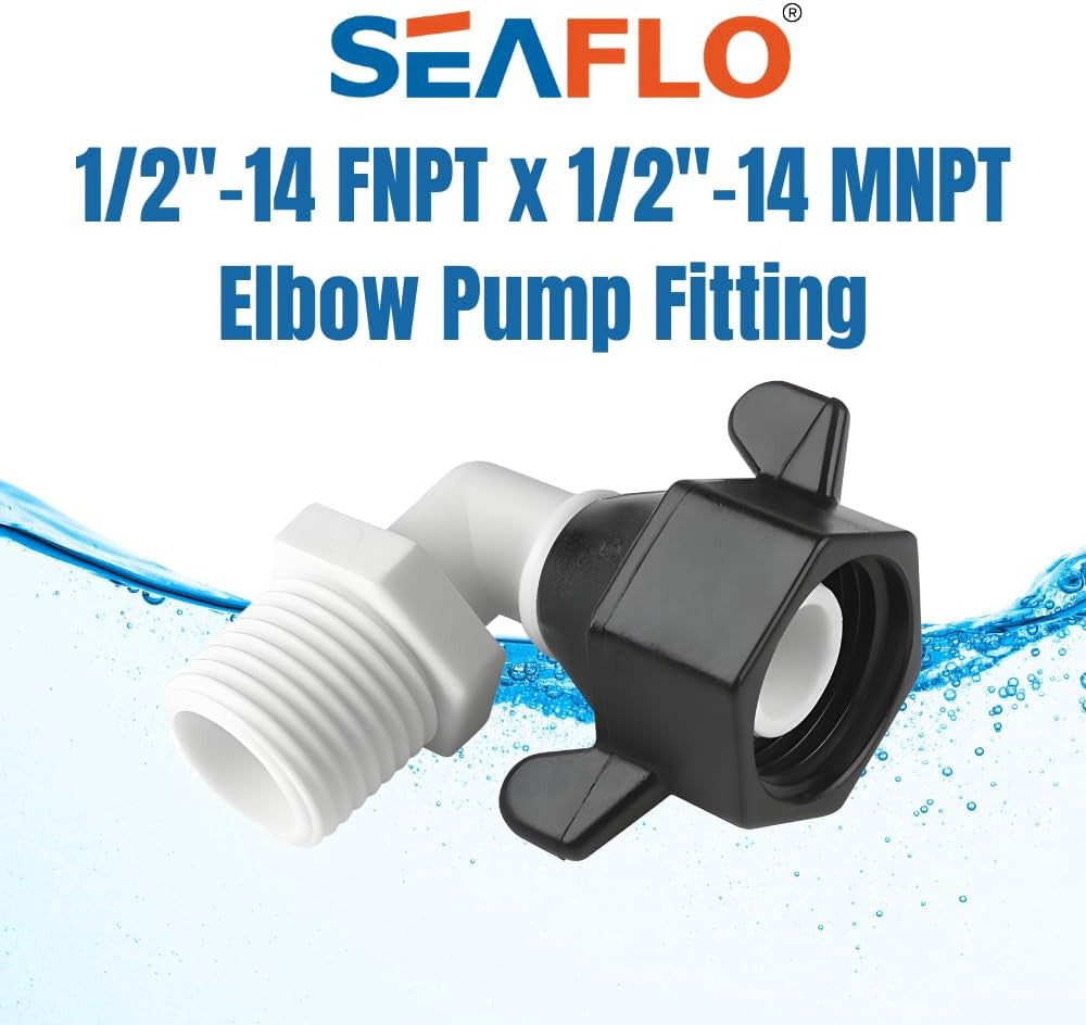 SEAFLO (NO: 51F04) 1/2"-14 FNPT x 1/2" Threaded Angled Universal Pump Fitting for SHURFLO, SEAFLO, Circle River, Johnson, Jabsco, FLOJET, REMCO, Lippert, USA ADVENTURE and other Pumps (1-Pack)