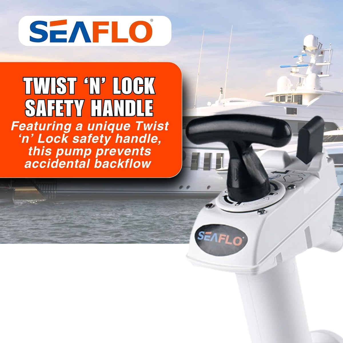 SEAFLO Manual Toilet Pump Flush Handle Kit - Compatible with SEAFLO and JABSCO Marine Toilets - Twist 'n' Lock Safety Pump Assembly for Marine Toilets