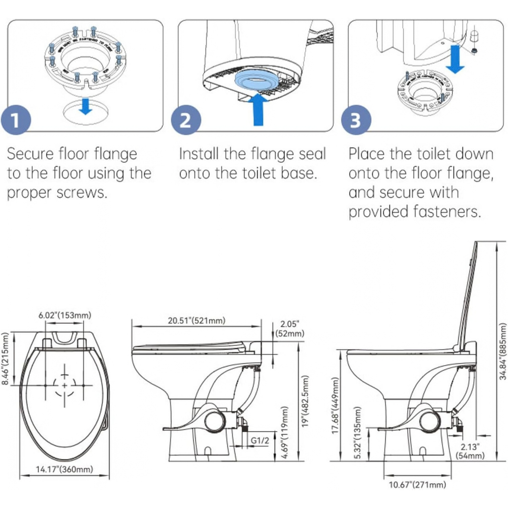 SEAFLO Porcelain RV Toilet with Sprayer Attachment - Elongated Bowl 19” Inch Residential Height, Gravity Flush, Foot Pedal Soft Close Seat Camper Motorhome Easy Install