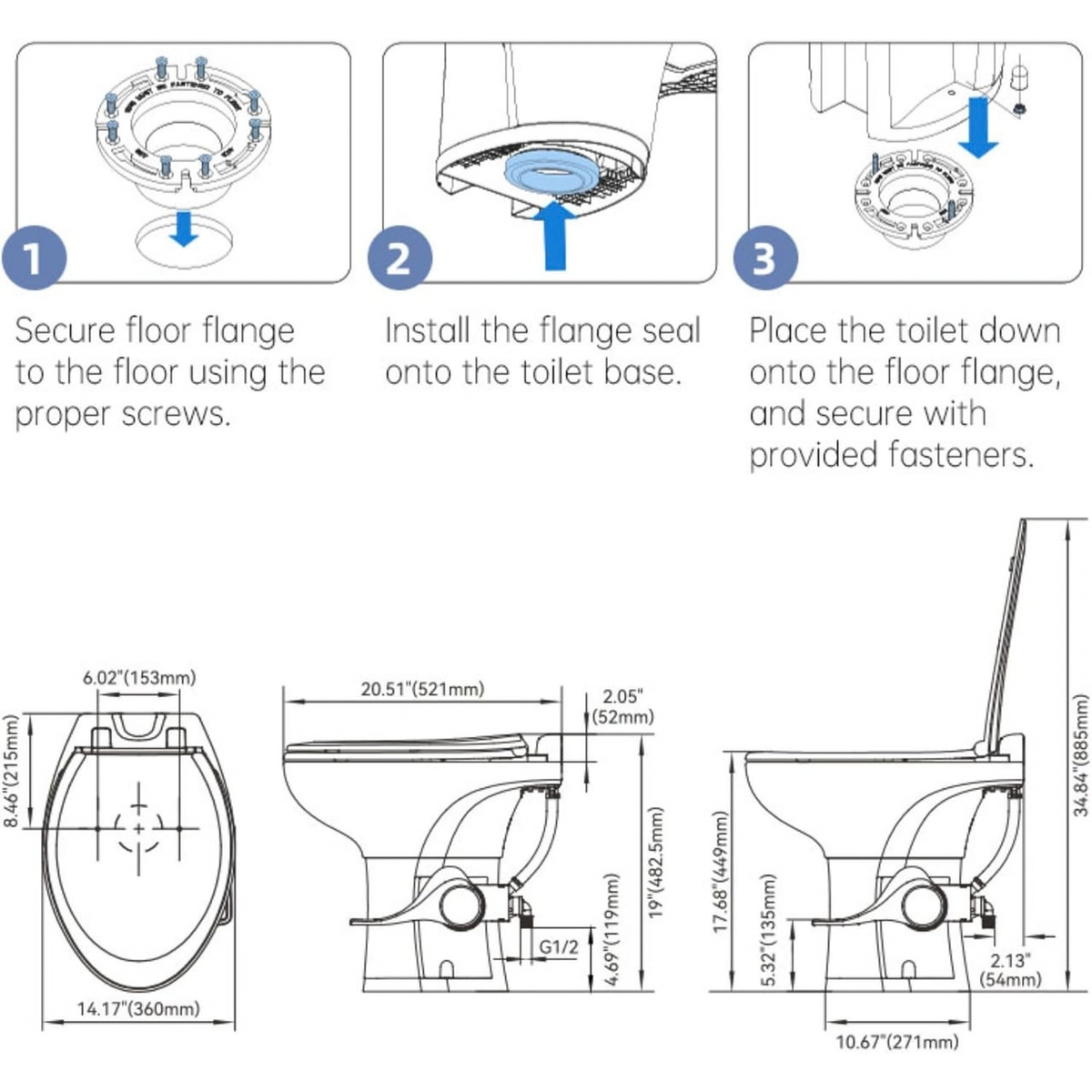 SEAFLO Porcelain RV Toilet with Sprayer Attachment - Elongated Bowl 19” Inch Residential Height, Gravity Flush, Foot Pedal Soft Close Seat Camper Motorhome Easy Install