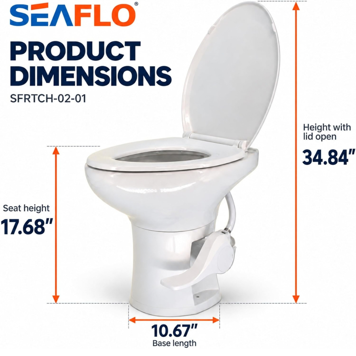 SEAFLO Porcelain RV Toilet with Elongated Bowl, 19” Residential Height, Gravity Flush, Foot Pedal Flush, Soft Close Seat, Easy Install, Camper Toilet