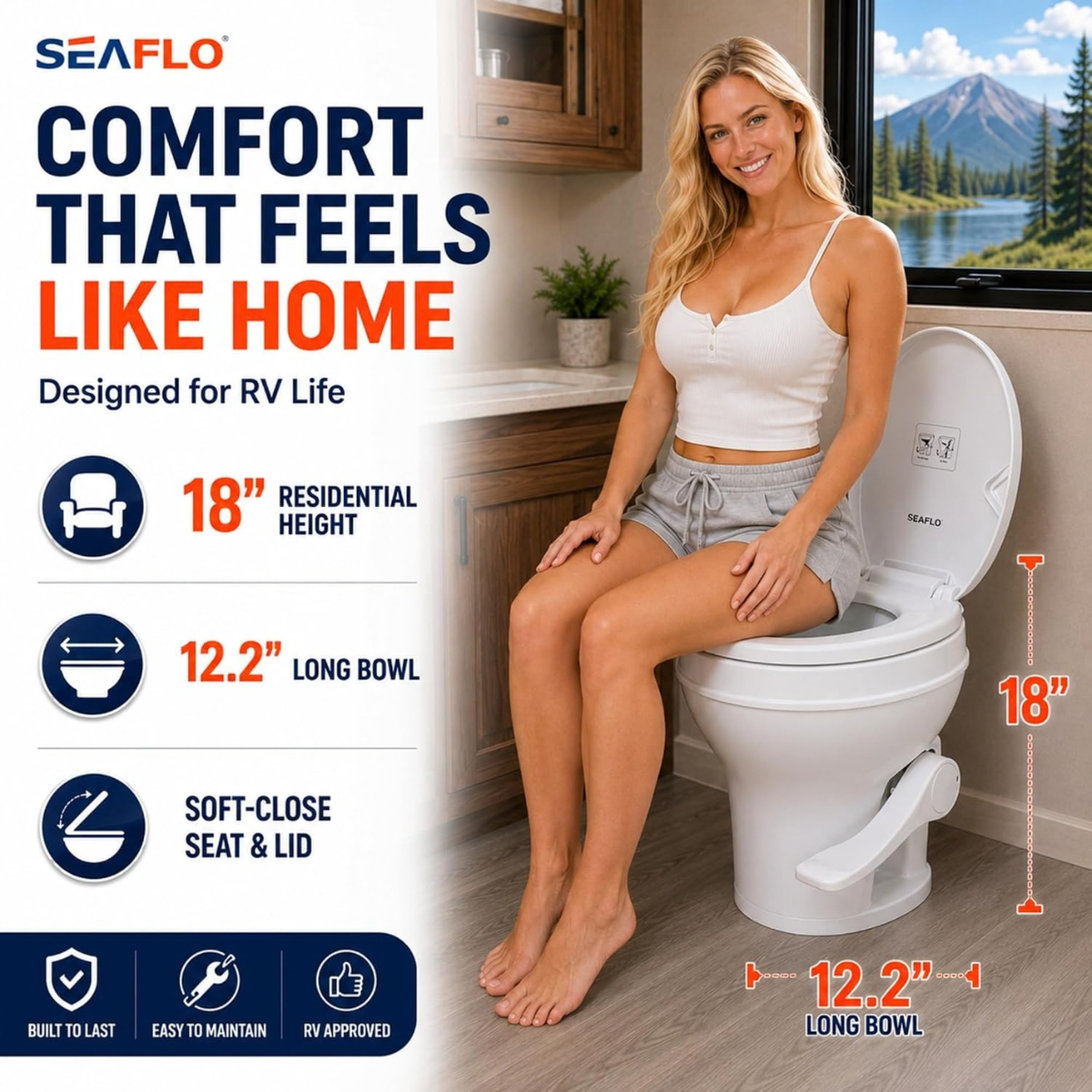 SEAFLO Residential Height Camper/RV Toilet, 18.5” Standard Height, Gravity Flush System, Foot Pedal Operation, Soft Close Seat, Easy-to-Clean Oversized Bowl (Color: White)