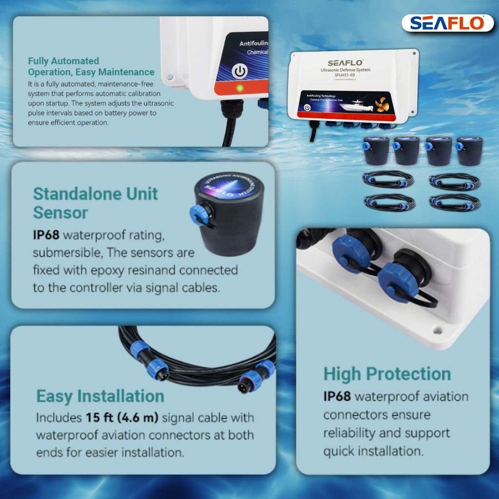 SEAFLO Ultrasonic Defense System - Fully Automated Ultrasonic Barnacle Repelling System for Boats and Yachts | 4 Transducer System | Covers 200 sq. ft. | 4-Year Warranty
