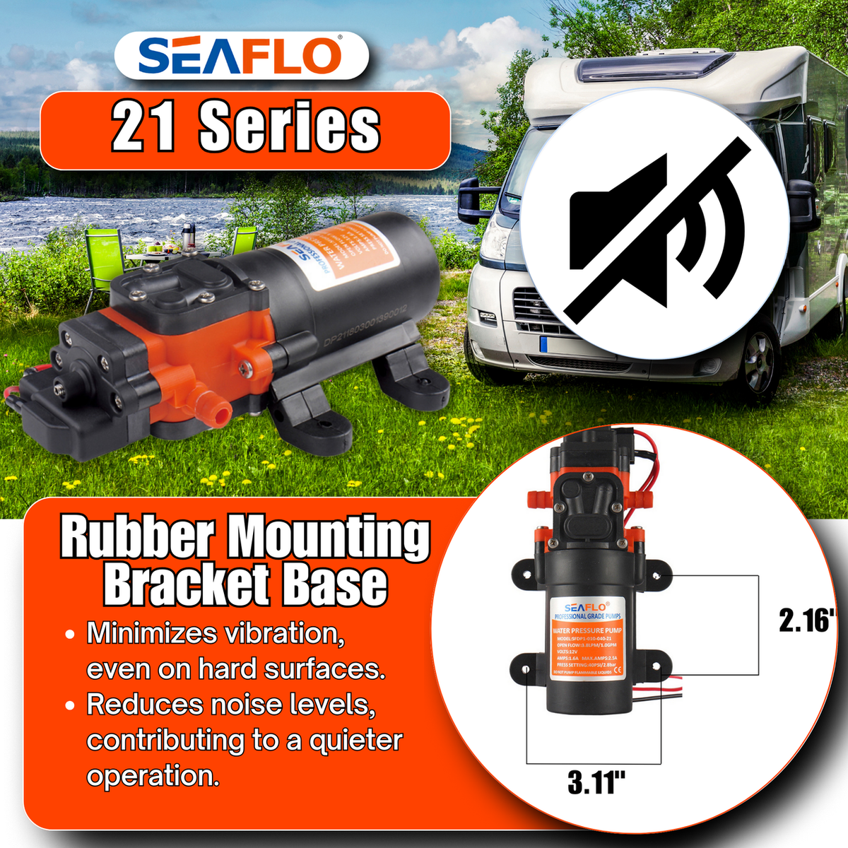 SEAFLO 21-Series On Demand Diaphragm Water Pressure Pump (1.2 GPM | 35 PSI) (Choose 12V or 24V)