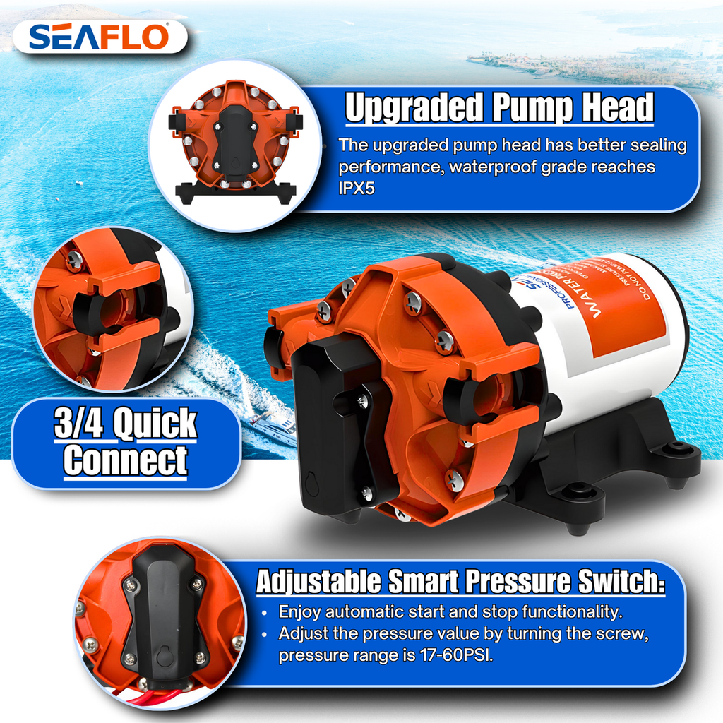 SEAFLO 56A-Series Variable Speed Smart On-Demand Marine/RV 5-Chamber Diaphragm Water Pressure Pump (5.0 GPM | 70 PSI) (Choose 12V or 24V)