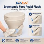 SEAFLO RV Toilet - Standard Height, Gravity Flush, Foot Pedal, Soft Close Lid (Bone Color)