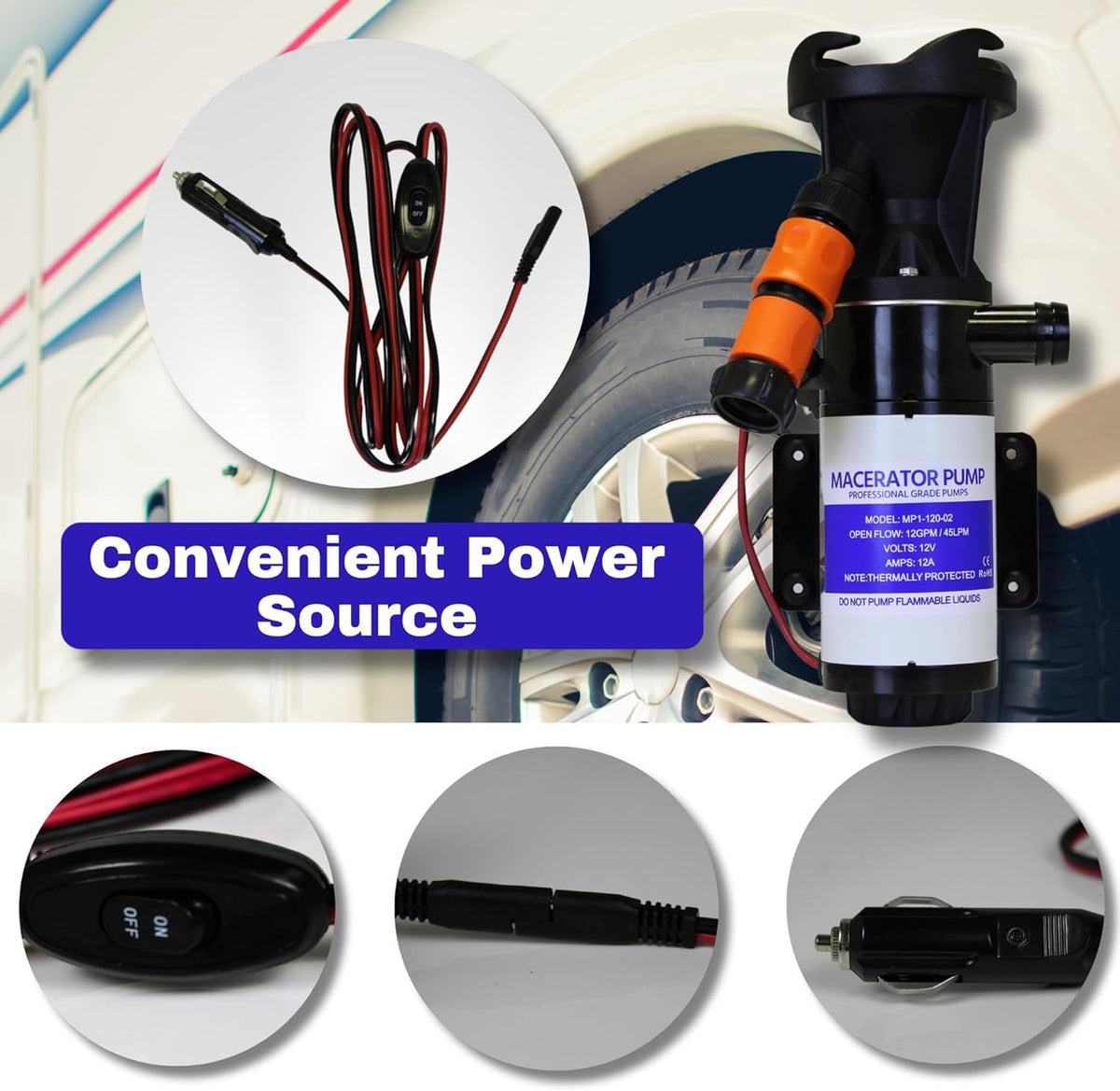 Quick Release RV Macerator Pump - 12V, 12GPM RV Dump Station Mount