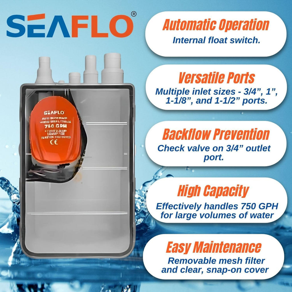 SEAFLO 750GPH 24V 1.6A Shower Sump Pump System Drain Kit System Multi Port Inlet
