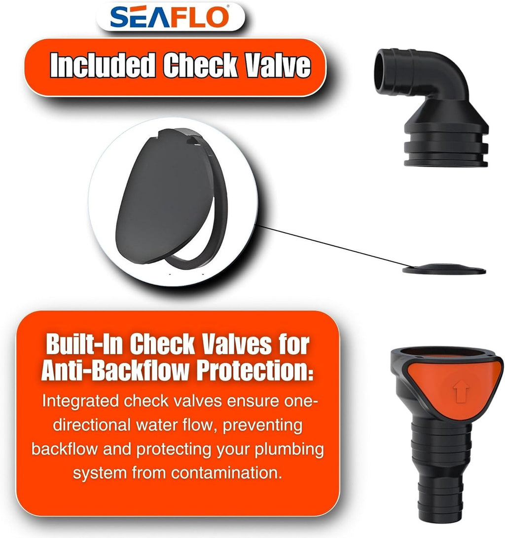 SEAFLO in-Line/ 90° Quick Disconnect Non-Return Check Valve PA6+GF+POM Construction, Anti-Backflow Design, Versatile Applications (Choose Size and Style)