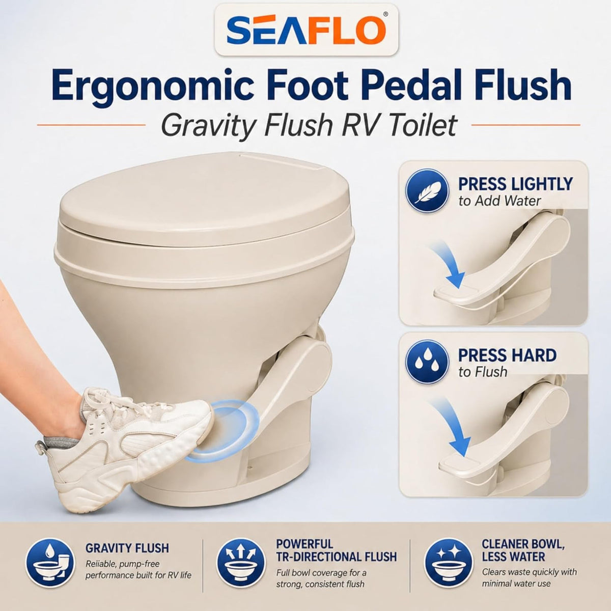 SEAFLO Residential Height Bone Camper/RV Toilet with Sprayer Attachment, 18.5” Standard Height, Gravity Flush System, Pedal Operation, Soft Close Seat, 4-Year Warranty (Bone W/Sprayer Attachment)