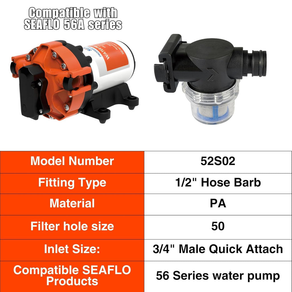 SEAFLO Inline Water Pump Filter 52S02-3/4" Male Quick Attach with 1/2" Hose Barb, 50 MeshSteel Strainer with Plastic Shell, Fits SEAFLO 56 Series Pumps, RV, Marine, Agriculture, Lawn Care (25-Pack)