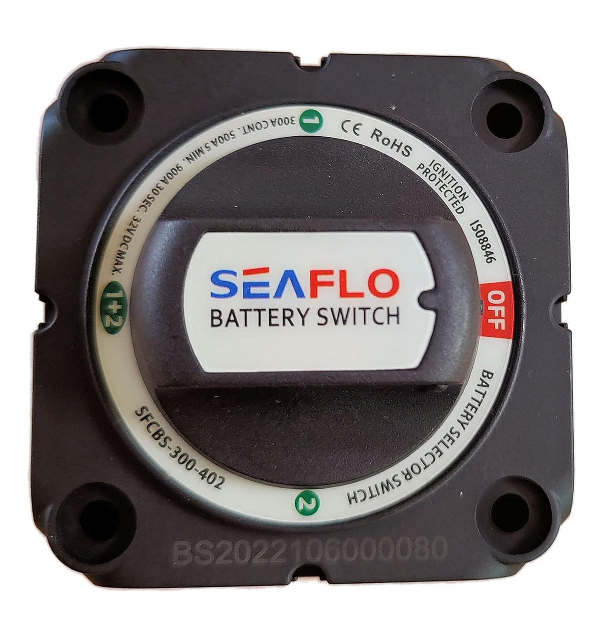 SEAFLO 300A 4-Position Battery Disconnect Switch –12V/24V/48V Heavy-Duty Isolator Switch, OFF/1/2/1+2, IP66 Waterproof, Auto, Marine, Boat, RV, Car, ATV, CE & RoHS Certified (4-Positon |1-Pack)