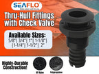 SEAFLO Thru Hulls Fitting Thru-Hull with Check Valve, 5/8”, 3/4”, 1”, 1-1/8”, 1-1/4”, 1-1/2”, or 2” Sizes, White/Black, Polypropylene/Nylon, 4-Year Warranty, (Choose Color, Size, and Pack Size)