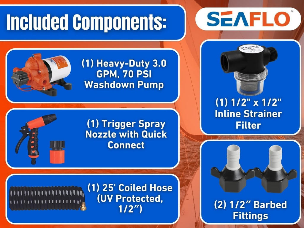 SEAFLO 33-Series Washdown Deck Wash Pump Kit for Rv Boat Marine Yacht with HEAVY DUTY PRESSURE SWITCH (12V|70 PSI|3.0GPM)