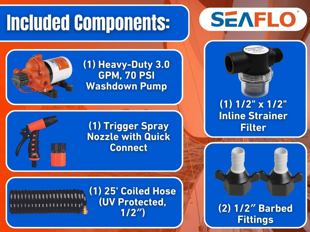 SEAFLO 33-Series Washdown Deck Wash Pump Kit for Rv Boat Marine Yacht with HEAVY DUTY PRESSURE SWITCH (12V|70 PSI|3.0GPM)