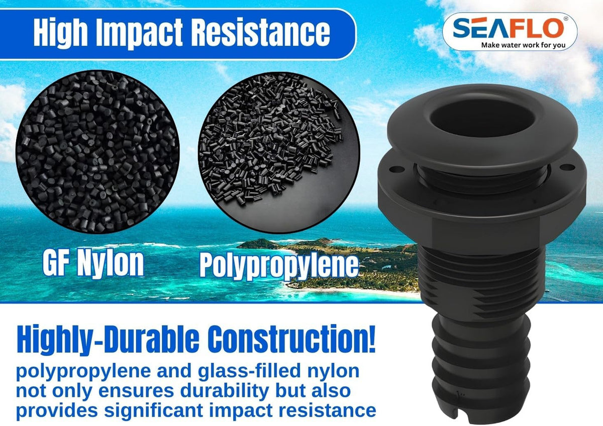 SEAFLO Thru Hulls Fitting Thru-Hull with Check Valve, 5/8”, 3/4”, 1”, 1-1/8”, 1-1/4”, 1-1/2”, or 2” Sizes, White/Black, Polypropylene/Nylon, 4-Year Warranty, (Choose Color, Size, and Pack Size)