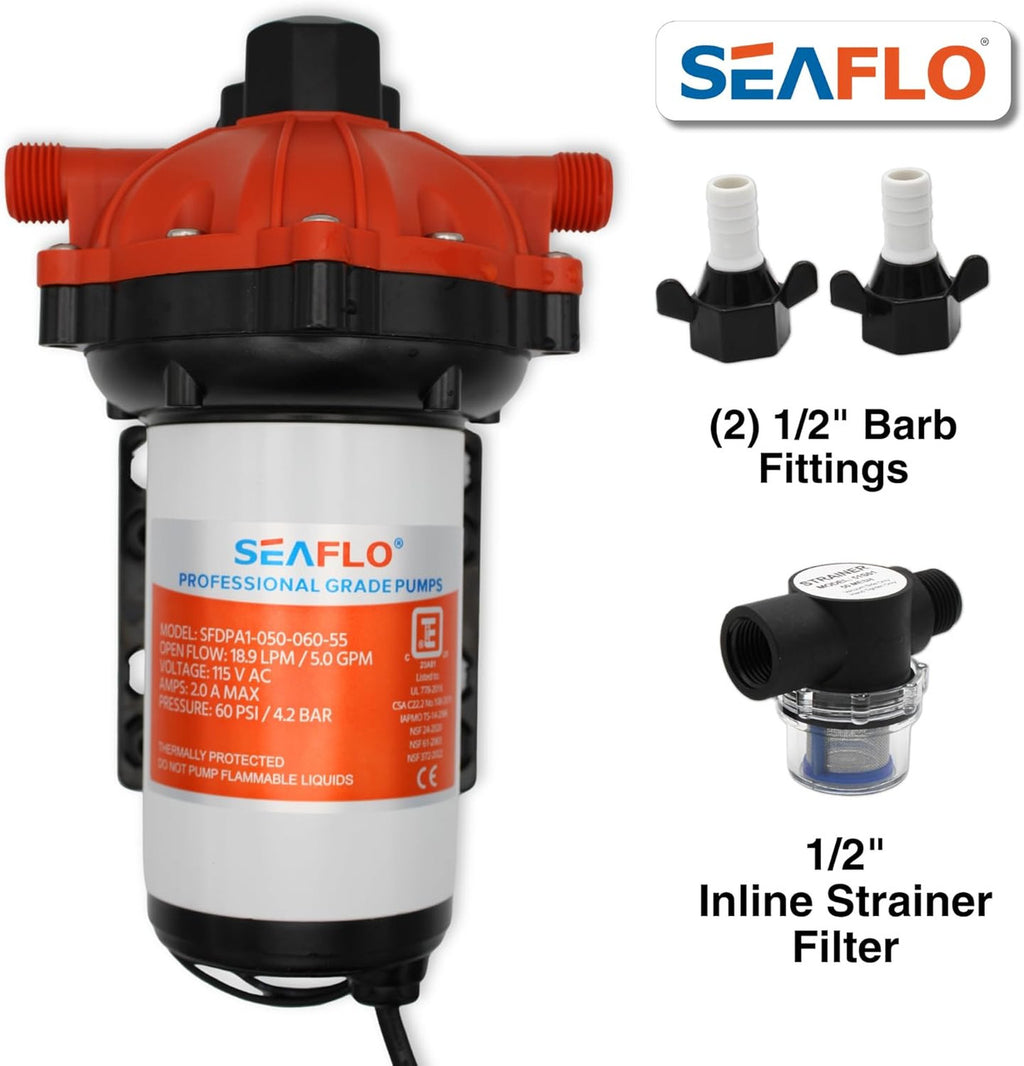 SEAFLO 55 Series 115V AC Automatic Demand Diaphragm Pump – 5.0 GPM, 60 PSI, 5-Chamber Self-Priming Water Pump w/Power Plug for Outlet, RV, Marine & Off-Grid Water Systems, 4-Year Warranty