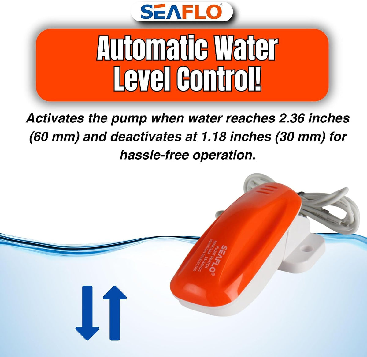 SEAFLO 02 Series Bilge Pump Float Switch - 12V/24V 18A Automatic Water Level Switch with 1m 16 AWG Leads