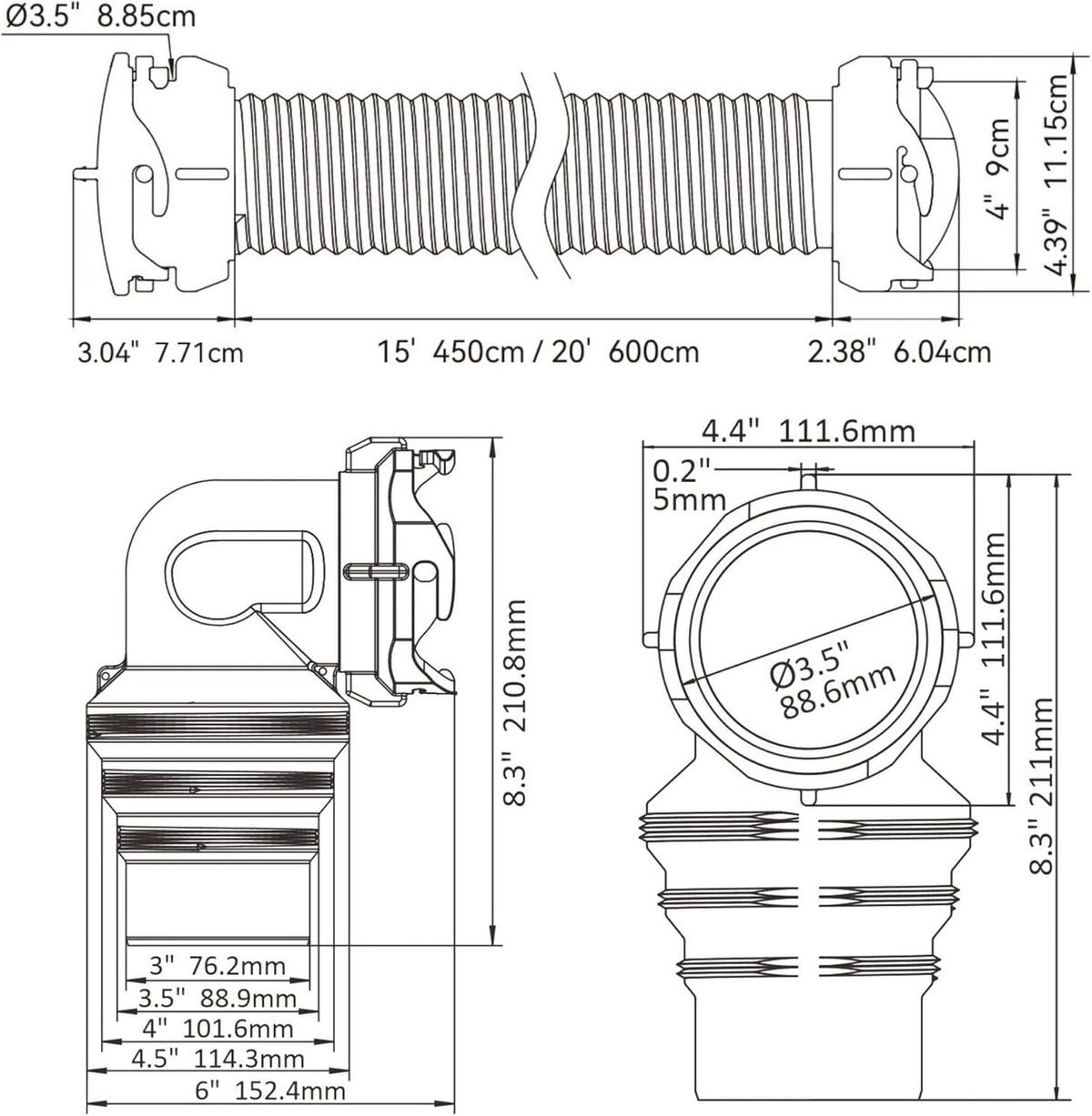 SEAFLO 20 FT RV Camper Sewer Hose Kit with Swivel Bayonet Adapter Polypropylene Waste Hose for Easy Storage 3.5" Swivel Adapter Fits 3" 3.5" 4" Pipes Includes 2 Plumbing Caps 4-Year Warranty