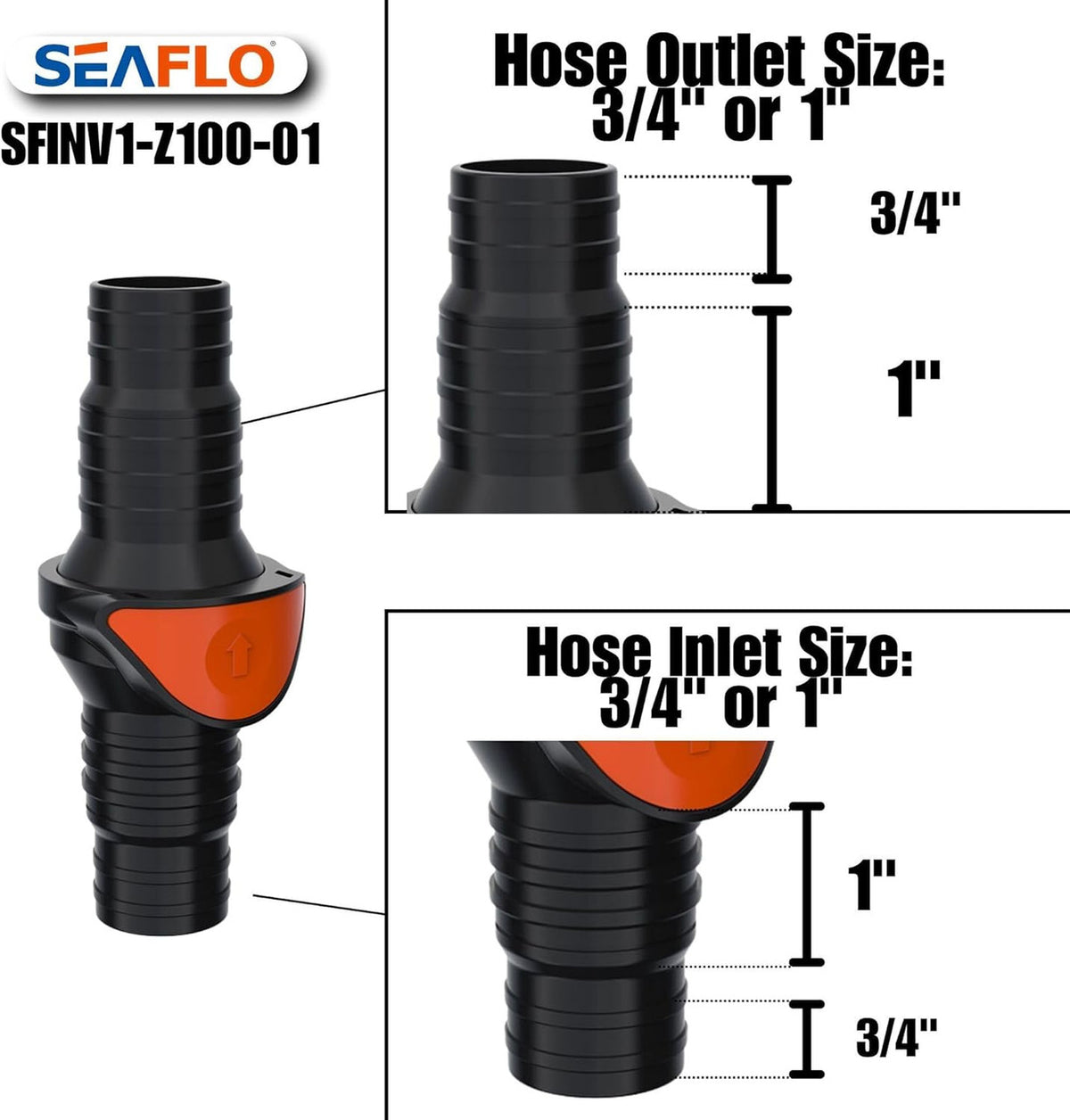 SEAFLO in-Line/ 90° Quick Disconnect Non-Return Check Valve PA6+GF+POM Construction, Anti-Backflow Design, Versatile Applications (Choose Size and Style)