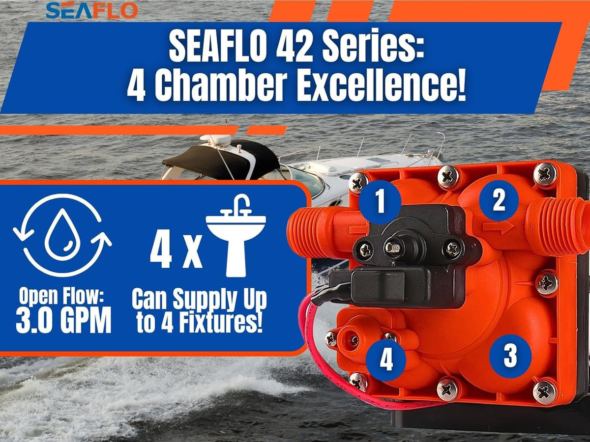 SEAFLO 42 Series 24V 3.0GPM 55PSI Continuous Duty Diaphragm Pump with Bypass for Reduced Cycling | Fresh and Salt Water | UL Certified | Self-Priming for Marine, RV, Off-Grid, and Caravan