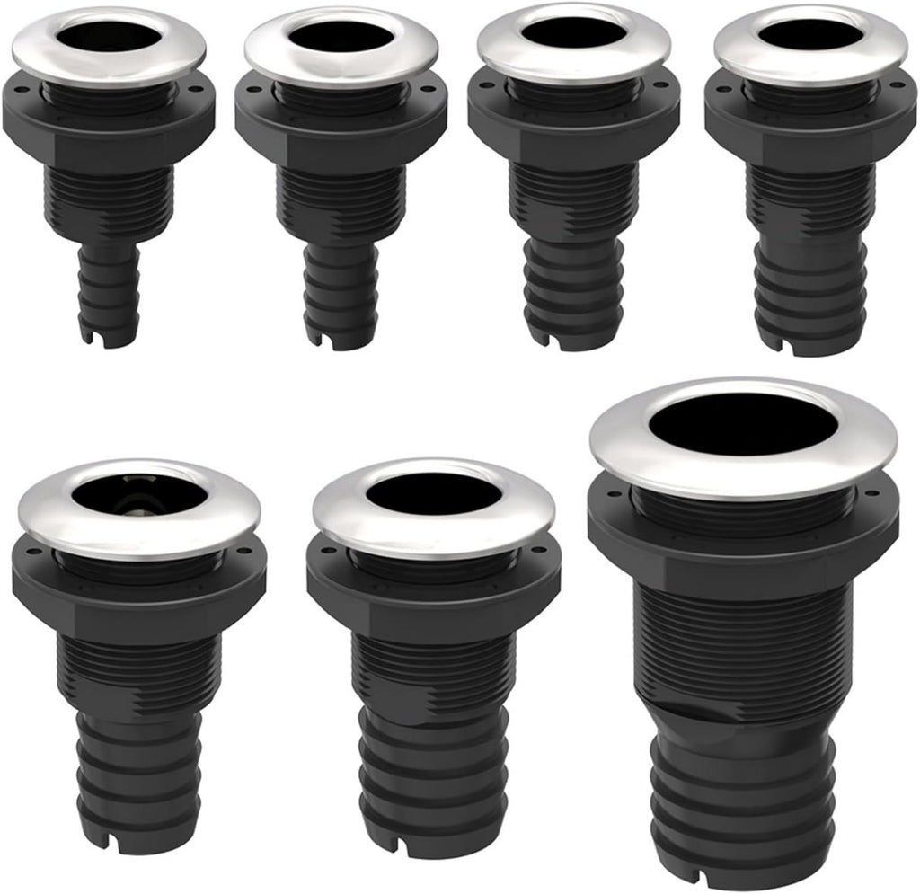 SEAFLO Thru Hulls Fitting Thru-Hull with Check Valve, 5/8”, 3/4”, 1”, 1-1/8”, 1-1/4”, 1-1/2”, or 2” Sizes, White/Black, Polypropylene/Nylon, 4-Year Warranty, (Choose Color, Size, and Pack Size)