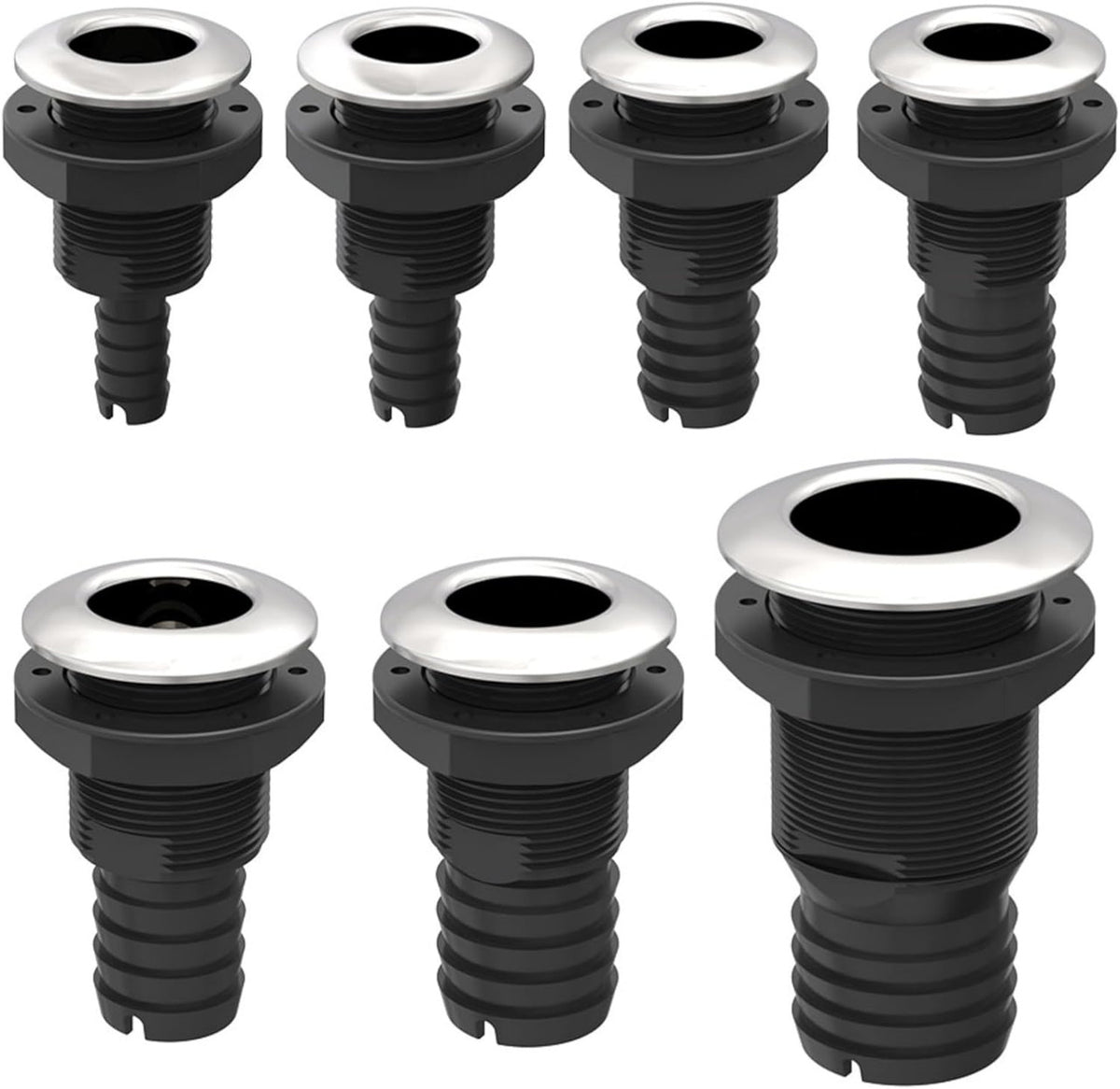 SEAFLO Thru Hulls Fitting Thru-Hull with Check Valve, 5/8”, 3/4”, 1”, 1-1/8”, 1-1/4”, 1-1/2”, or 2” Sizes, White/Black, Polypropylene/Nylon, 4-Year Warranty, (Choose Color, Size, and Pack Size)