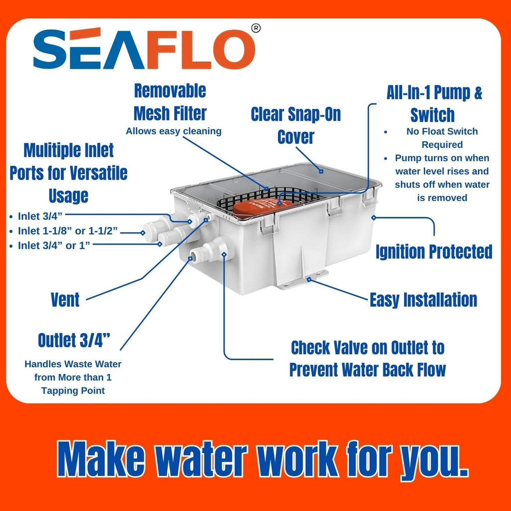 SEAFLO 750GPH 24V 1.6A Shower Sump Pump System Drain Kit System Multi Port Inlet