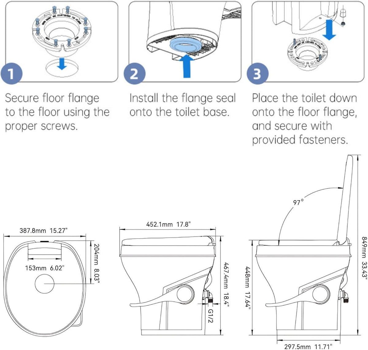SEAFLO SFRTPH-01-01 camper toilet RV toilets residential height Gravity flush camper toilet 18.5-inch RV toilet Soft close seat camper toilet Oversized bowl RV toilet Foot pedal RV toilet Tri-directional flush toilet for campers Lightweight RV toilet with warranty Durable camper toilet for travel 4-year warranty RV toilet