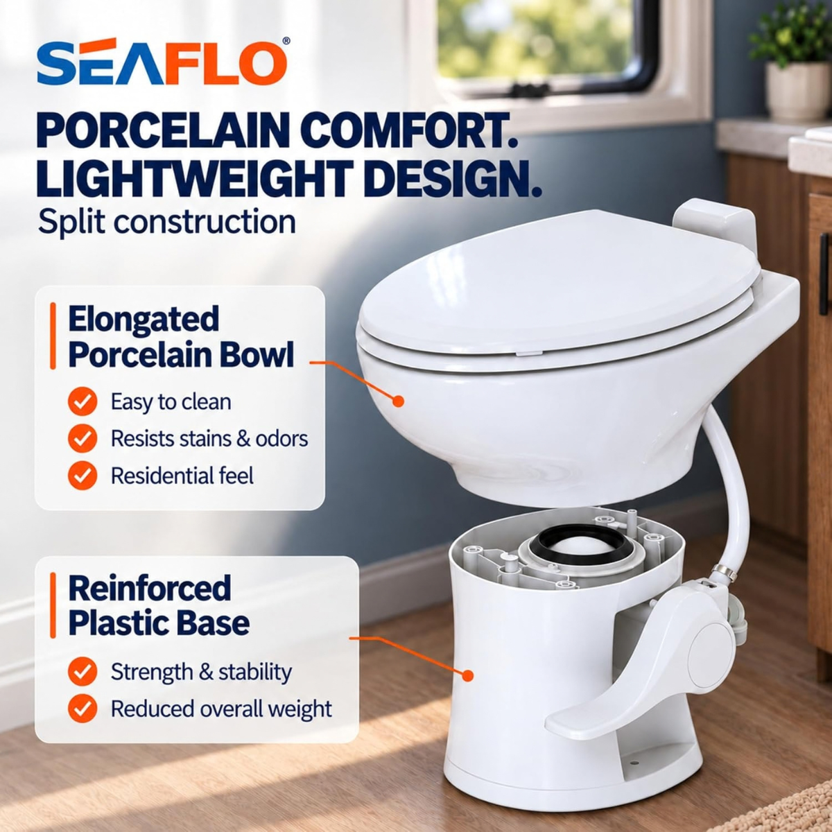 SEAFLO Porcelain RV Toilet with Elongated Bowl, 19” Residential Height, Gravity Flush, Foot Pedal Flush, Soft Close Seat, Easy Install, Camper Toilet