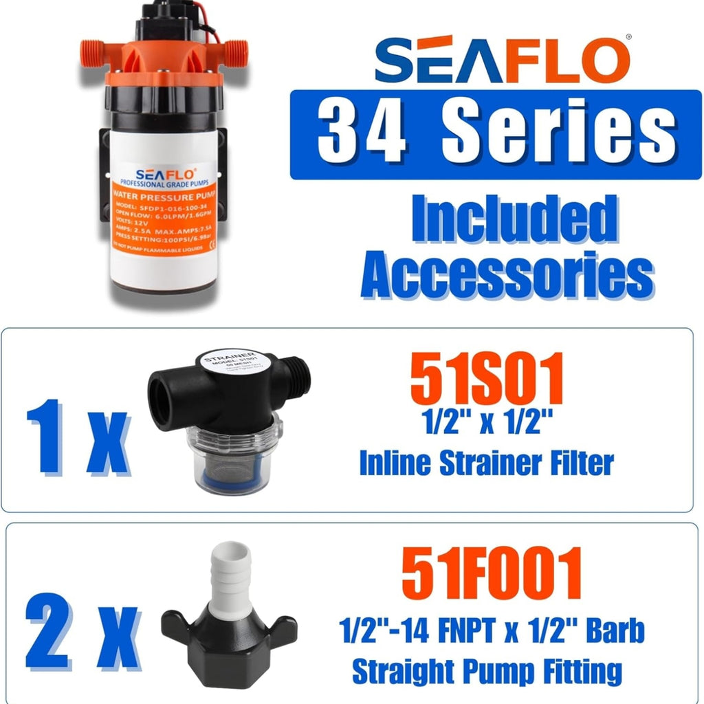 SEAFLO 34 Series Water Pressure Diaphragm Pump - Continuous Duty, Built-In Pressure Switch, Self-Priming, and 4-Year Warranty - 12V | 1.6 GPM | 100 PSI