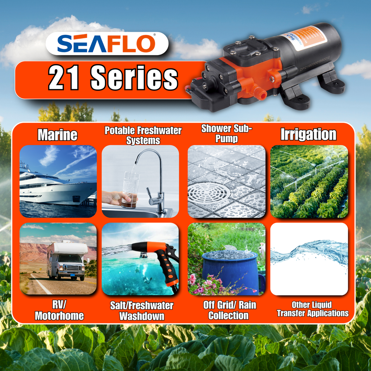 SEAFLO 21-Series On Demand Diaphragm Water Pressure Pump (1.2 GPM | 35 PSI) (Choose 12V or 24V)